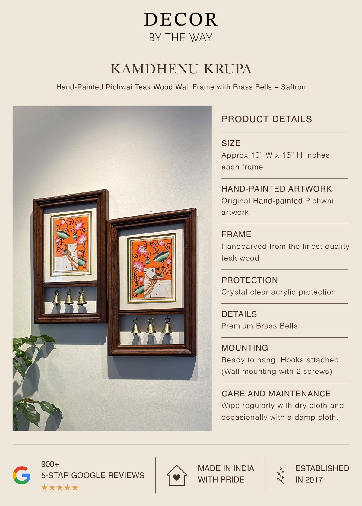 Kamdhenu Krupa | Hand-Painted Pichwai Teak Wood Wall Frame with Brass Bells โ Saffron