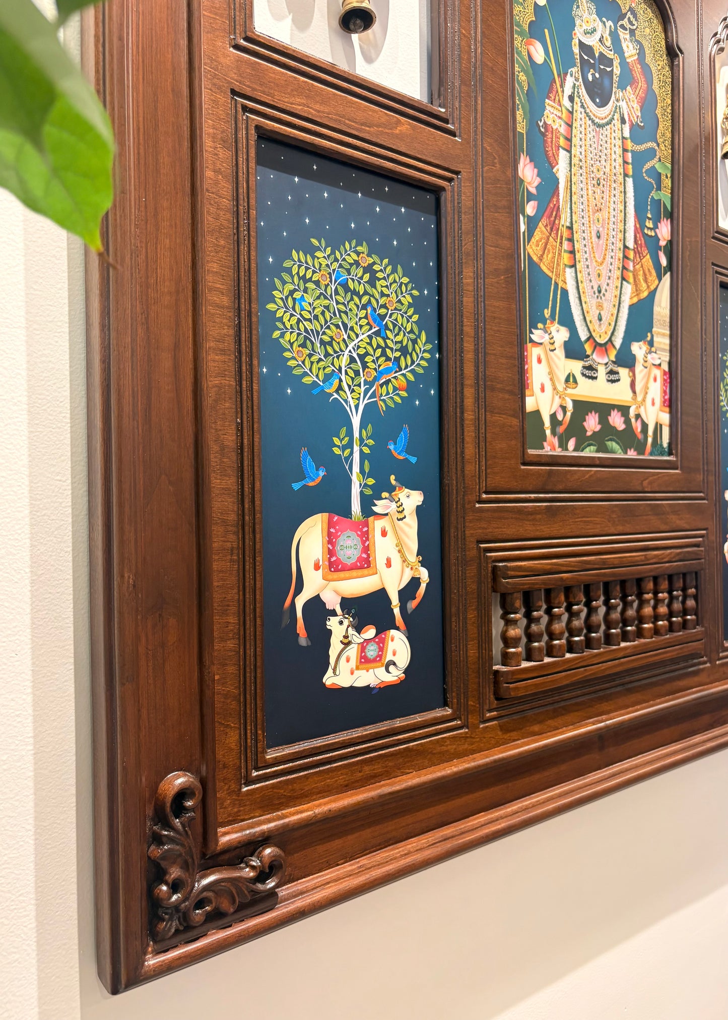 Shrinathji Haveli - Indian Wall Art Framed in Teakwood with Brass Diyas & Bells