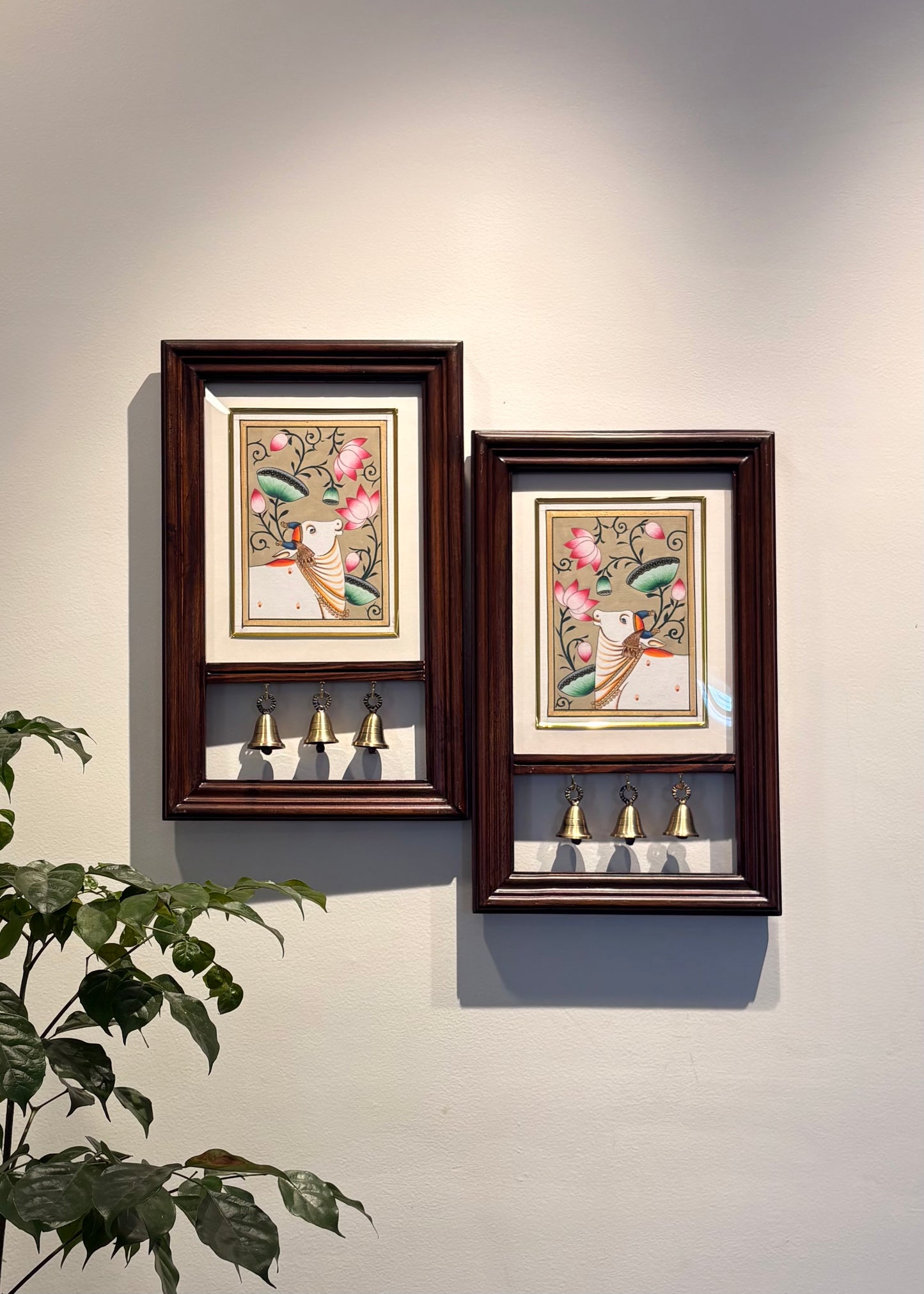 Kamdhenu Krupa | Hand-Painted Pichwai Teak Wood Wall Frame with Brass Bells - Beige