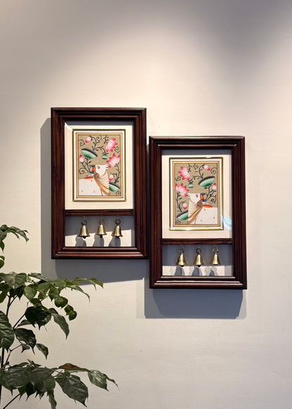 Kamdhenu Krupa | Hand-Painted Pichwai Teak Wood Wall Frame with Brass Bells - Beige