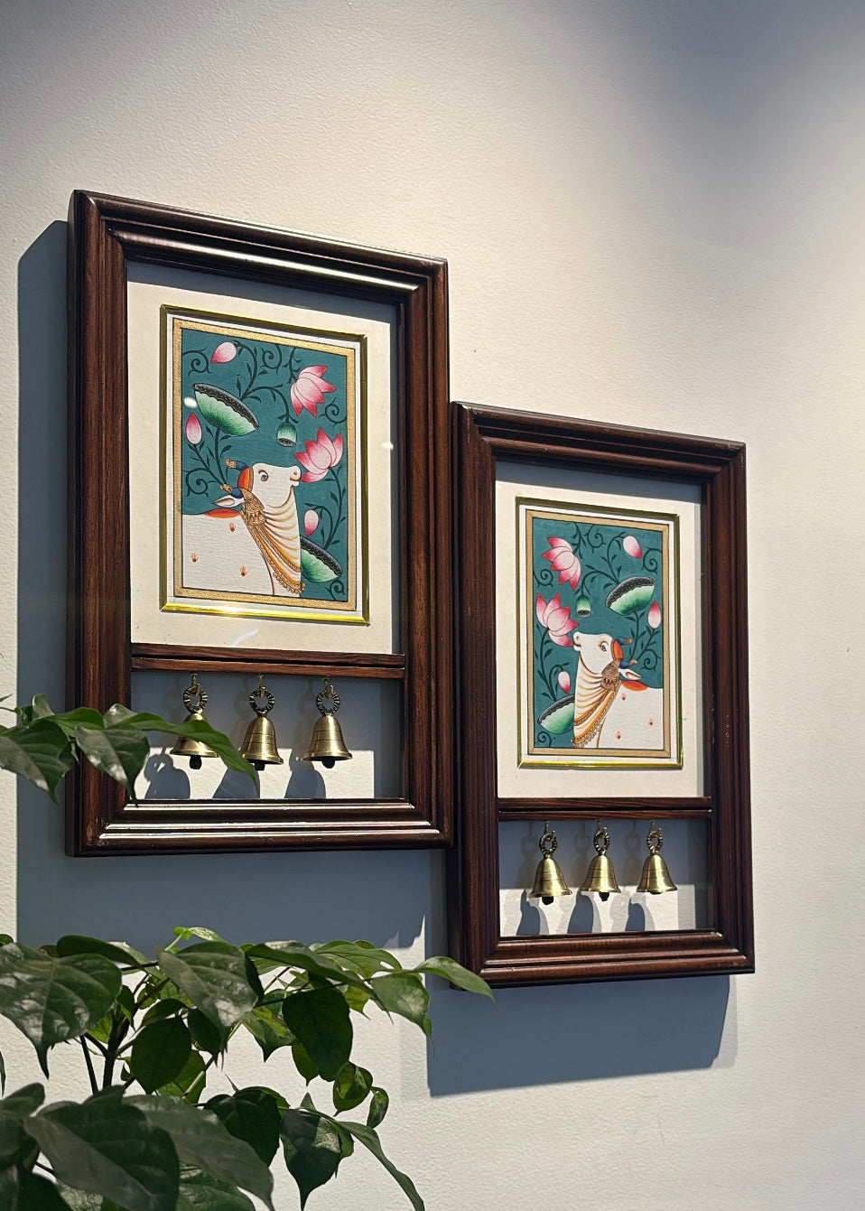 Kamdhenu Krupa | Hand-Painted Pichwai Teak Wood Wall Frame with Brass Bells - Teal