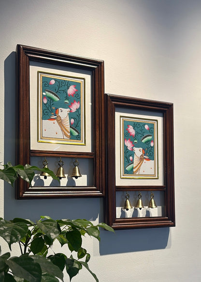 Kamdhenu Krupa | Hand-Painted Pichwai Teak Wood Wall Frame with Brass Bells - Teal