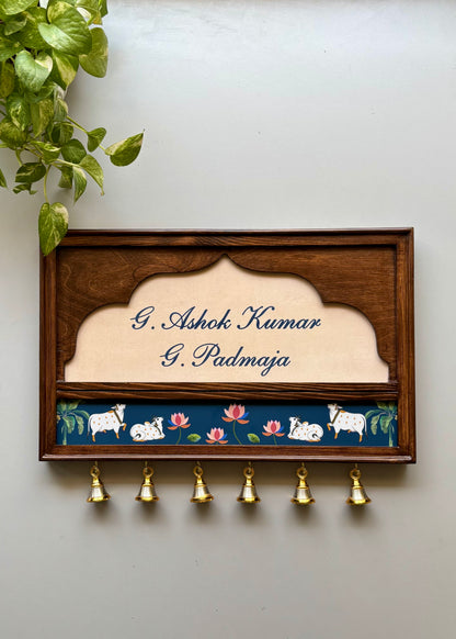Pichwai Name Plate With Brass Bells - Decor By The Way