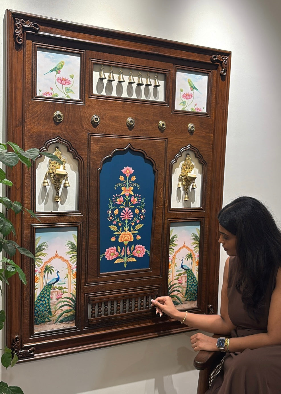 Saanj Mahal - Indian Wall Art Framed in Teakwood with Brass Diyas & Bells - Decor By The Way