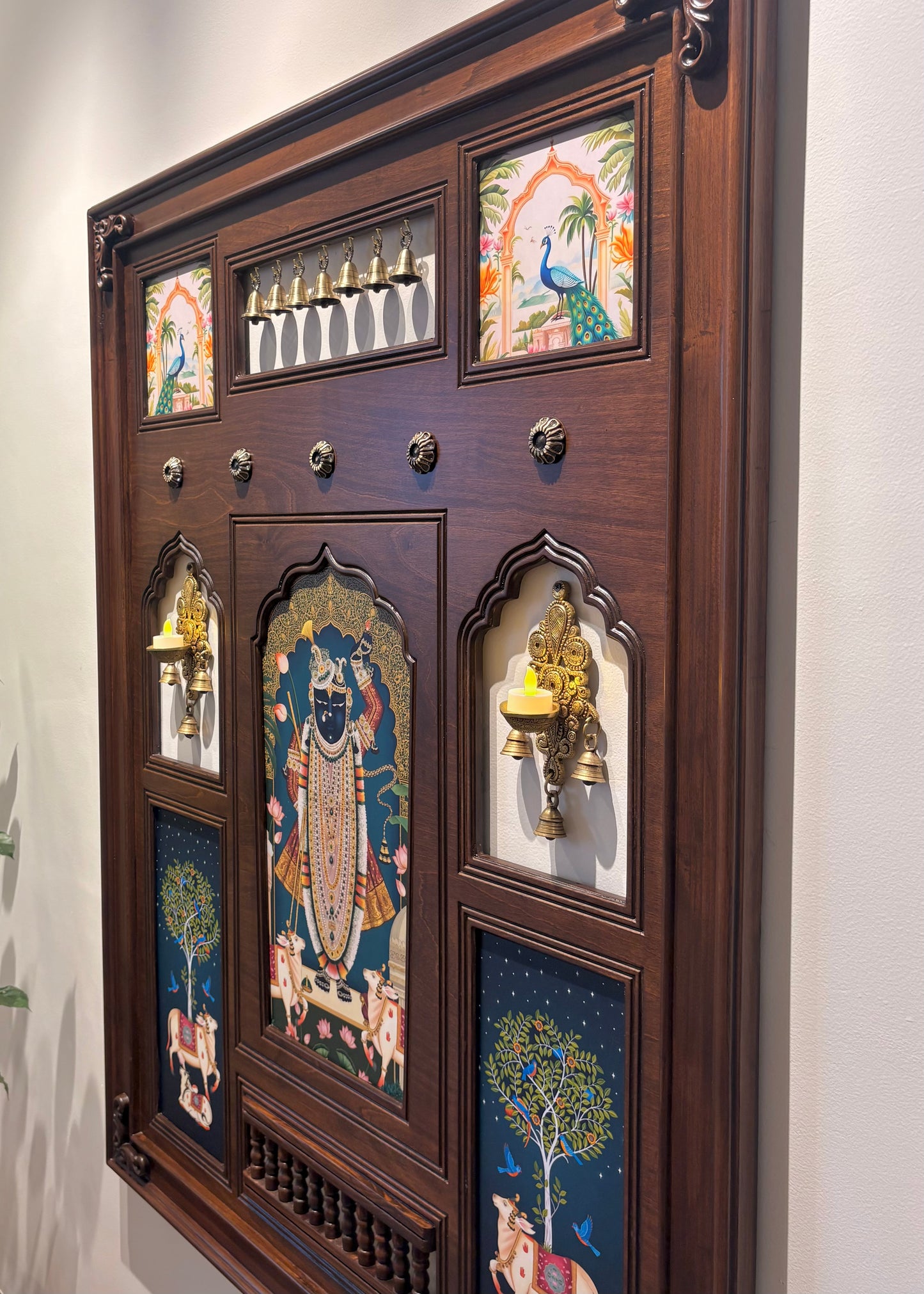 Shrinathji Haveli - Indian Wall Art Framed in Teakwood with Brass Diyas & Bells