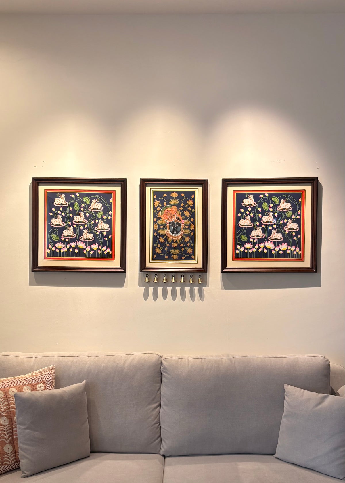 Shrinathji Mukh Darshan | Original Hand-Painted Pichwai Teak wood Wall Frame Set with Brass Bells