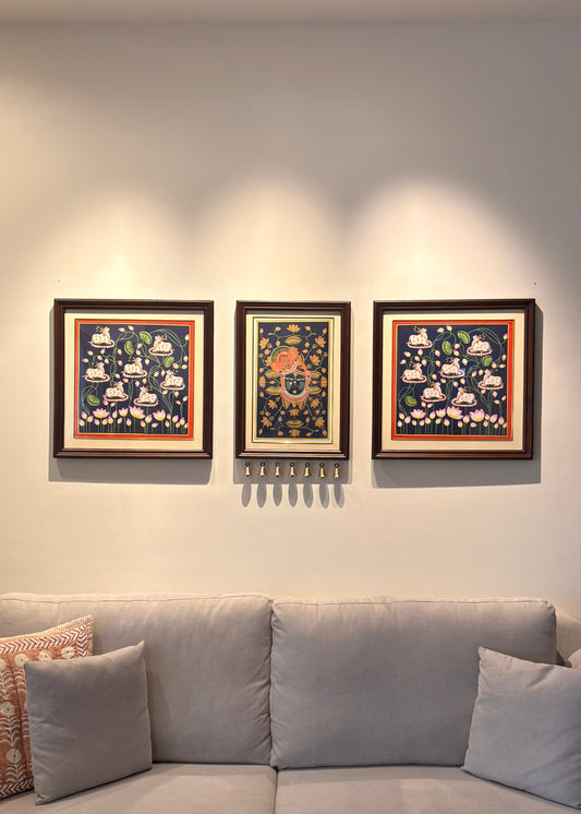 Shrinathji Mukh Darshan | Original Hand-Painted Pichwai Teak wood Wall Frame Set with Brass Bells