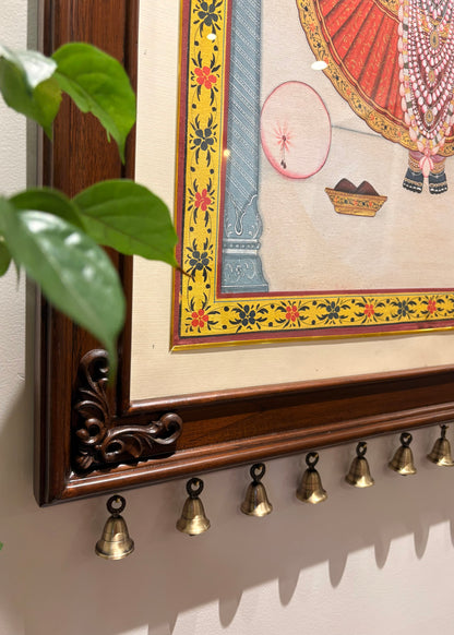 Shrinathji Krupa | Original Hand-Painted Pichwai Teak Wood Wall Frame with Brass Bells