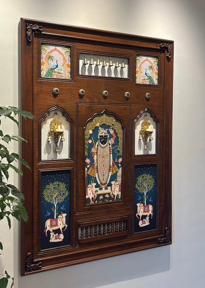 Shrinathji Haveli - Indian Wall Art Framed in Teakwood with Brass Diyas & Bells