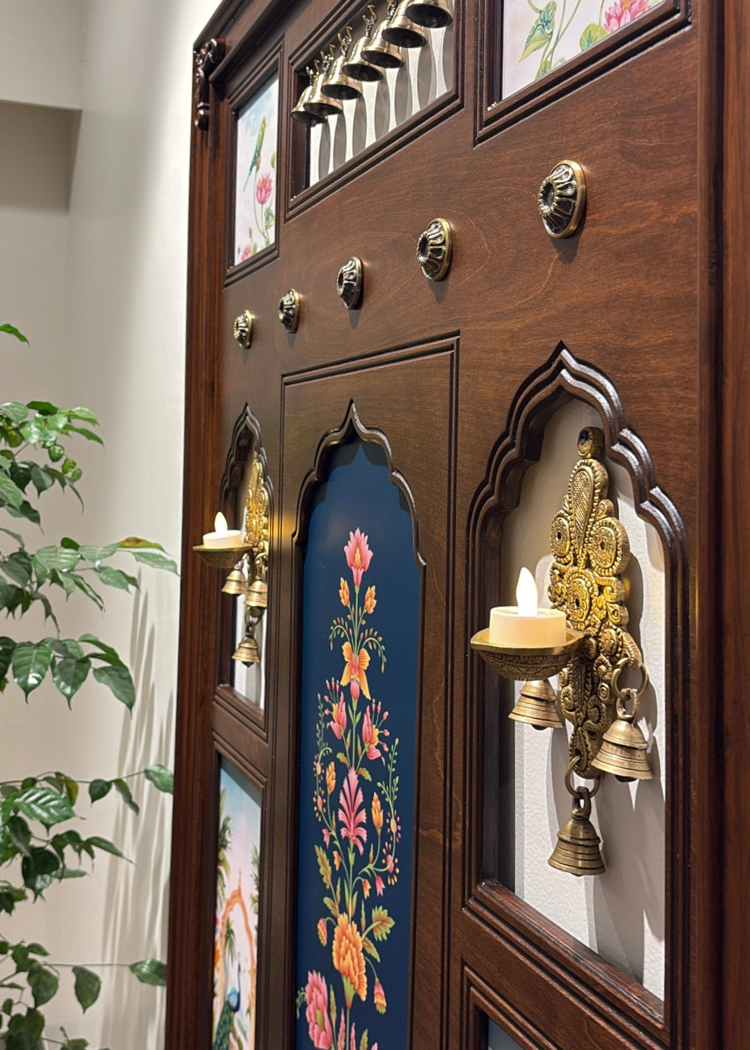 Saanj Mahal - Indian Wall Art Framed in Teakwood with Brass Diyas & Bells - Decor By The Way