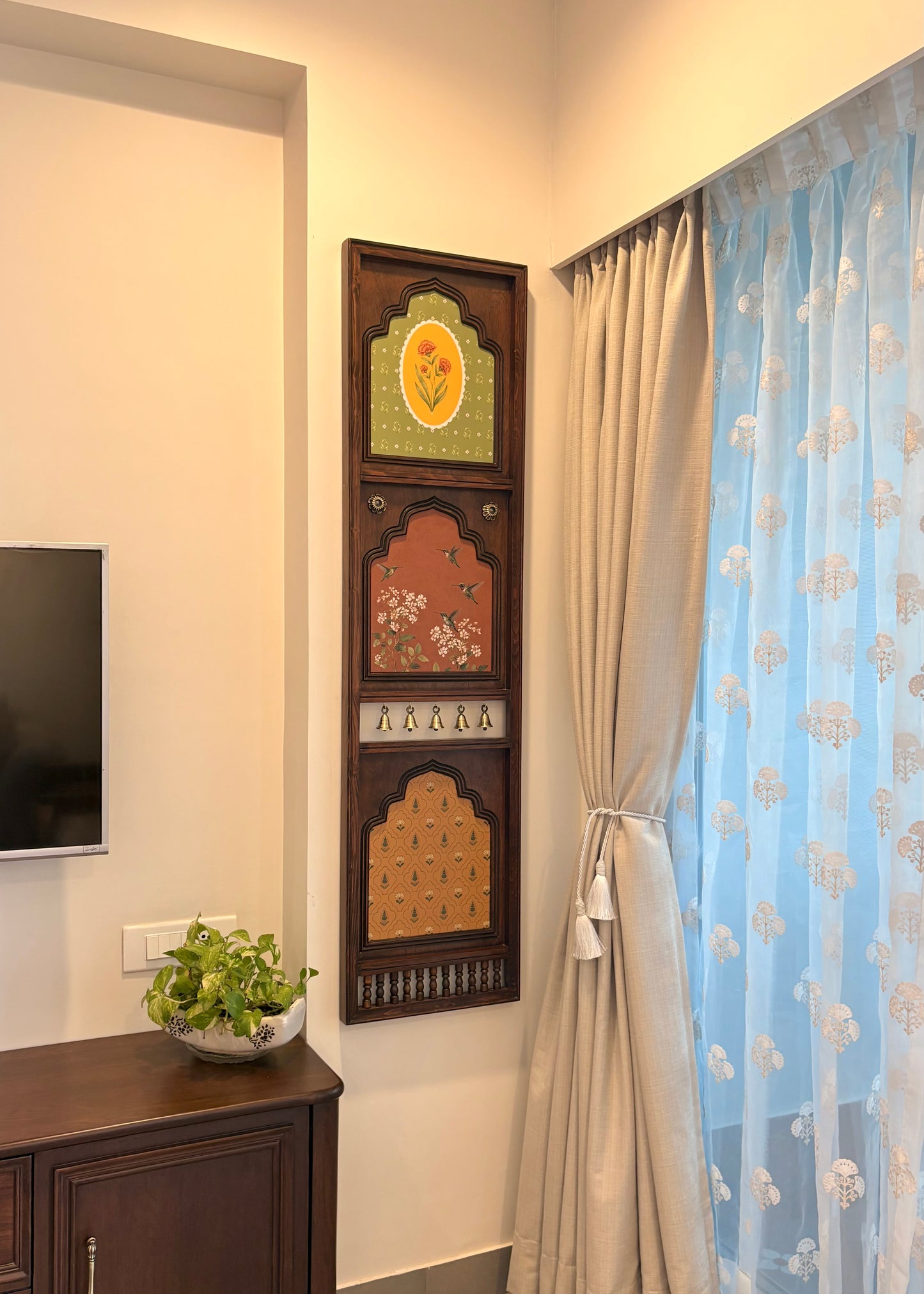 Madhuban Mahal - Vertical Wooden Wall Art with Brass Bells