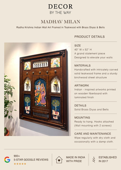 Madhav Milan - Radha Krishna Indian Wall Art Framed in Teakwood with Brass Diyas & Bells