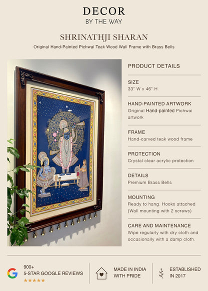 Shrinathji Sharan | Original Hand-Painted Pichwai Teak Wood Wall Frame with Brass Bells - Decor By The Way