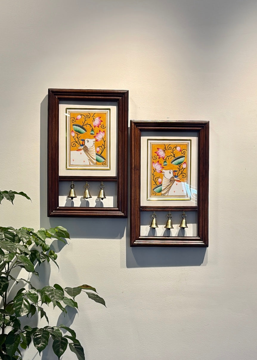 Kamdhenu Krupa | Hand-Painted Pichwai Teak Wood Wall Frame with Brass Bells - Mustard