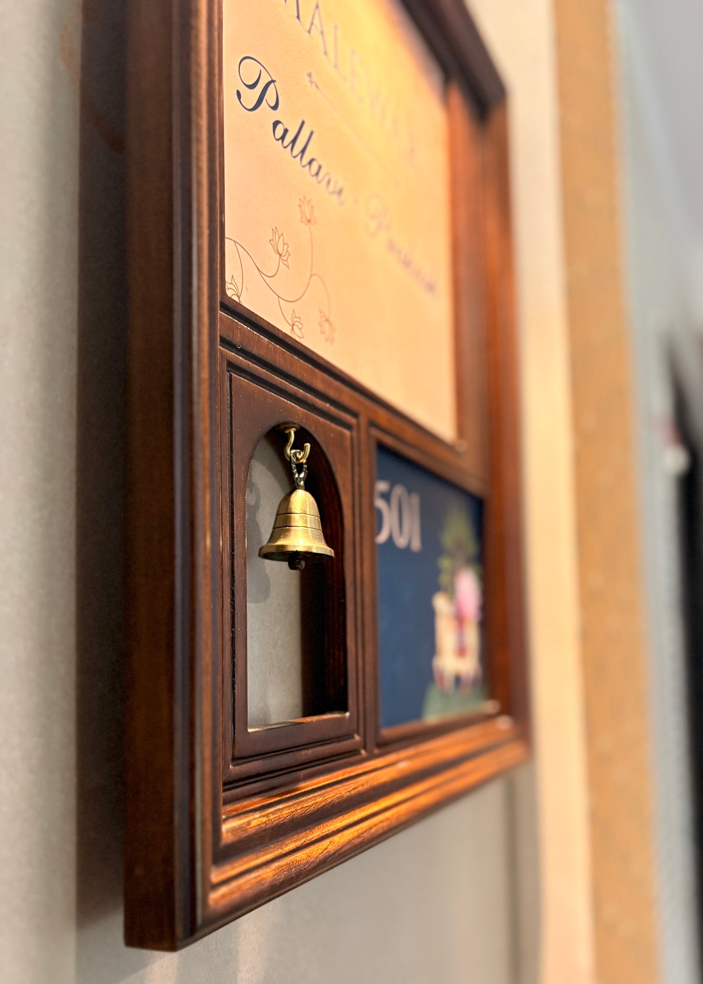 Vrindavan - Wooden Nameplate for Home with Brass Bell - Decor By The Way