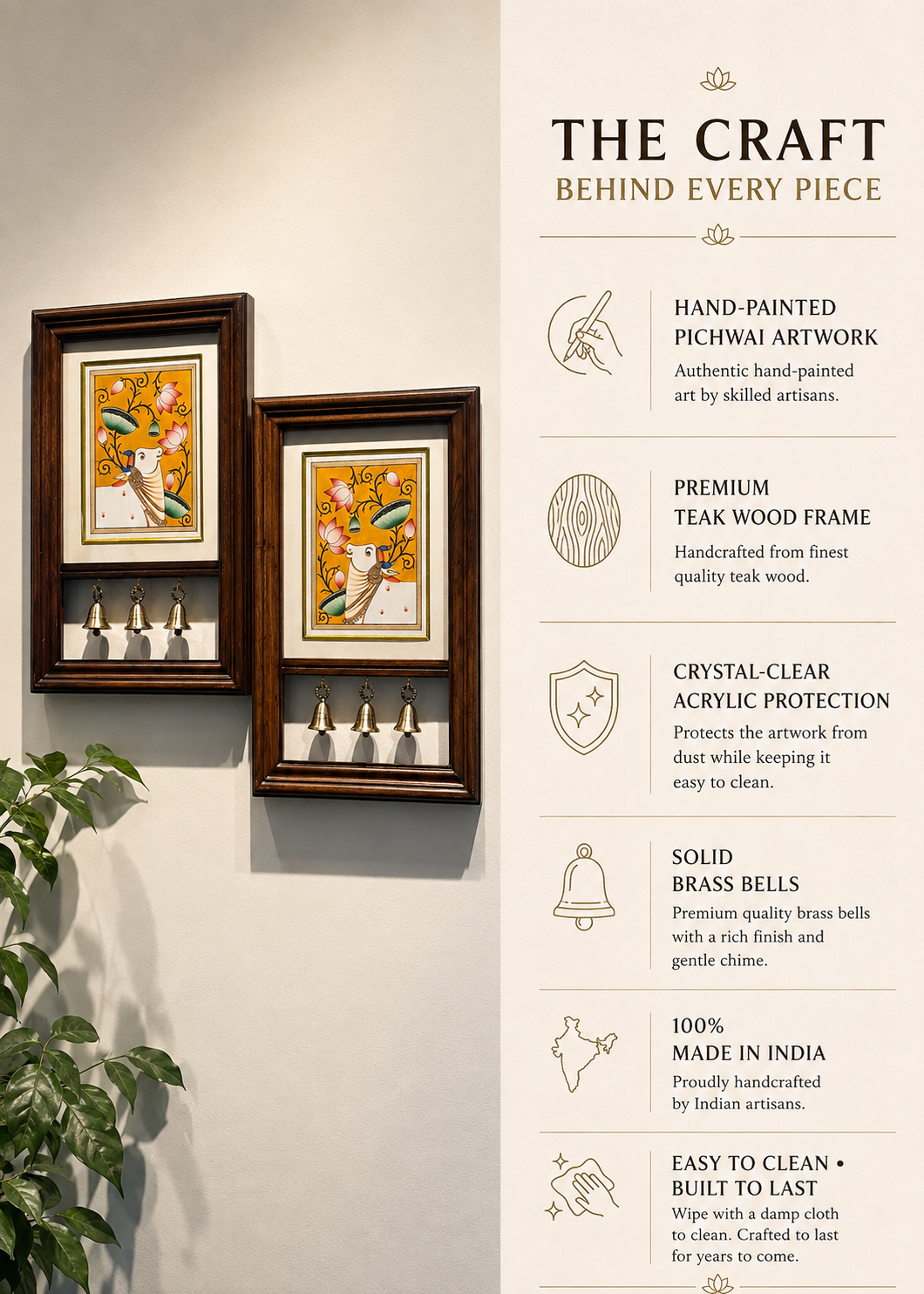 Kamdhenu Krupa | Hand-Painted Pichwai Teak Wood Wall Frame with Brass Bells - Mustard