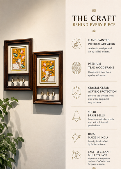Kamdhenu Krupa | Hand-Painted Pichwai Teak Wood Wall Frame with Brass Bells - Mustard
