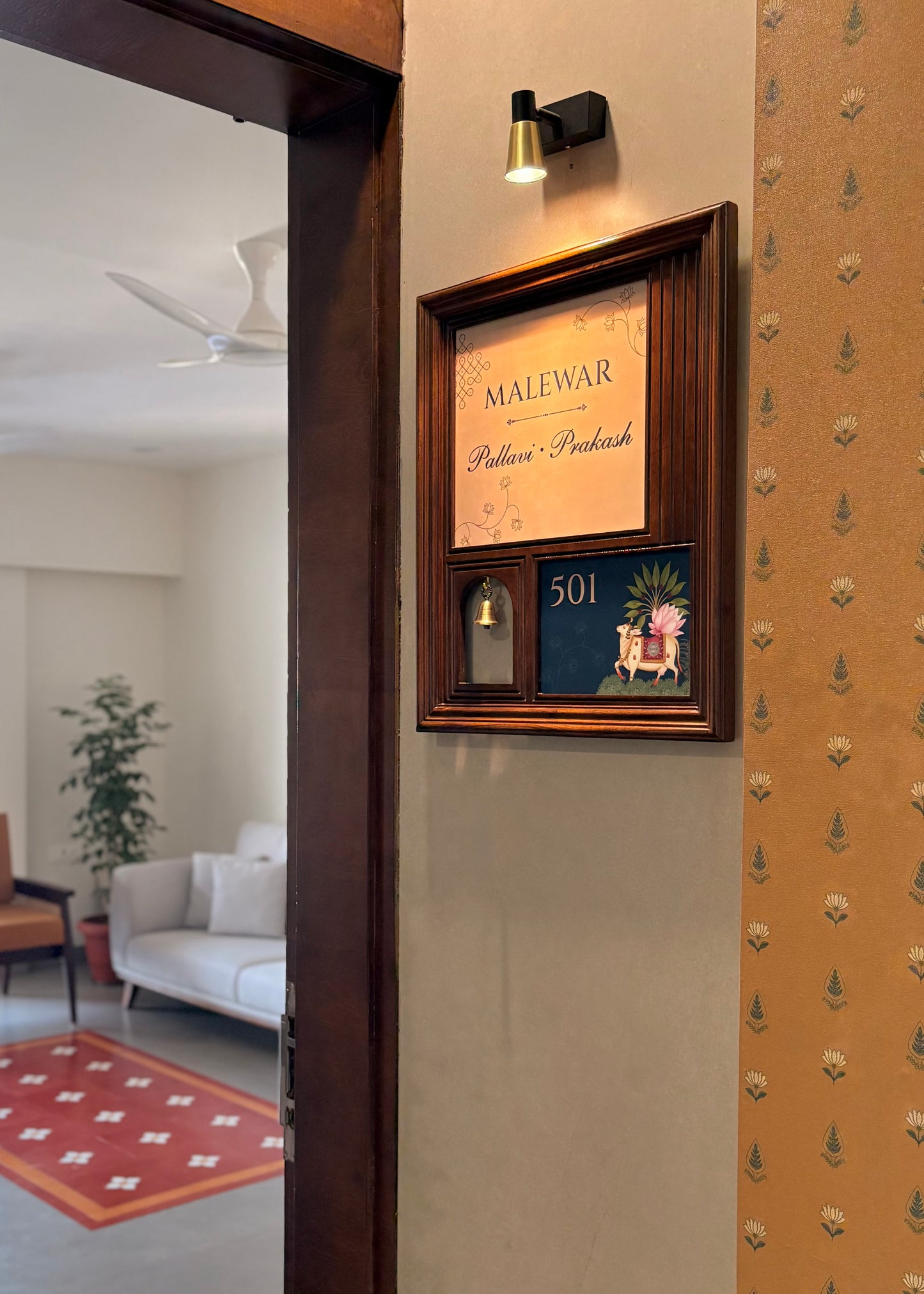 Vrindavan - Wooden Nameplate for Home with Brass Bell - Decor By The Way