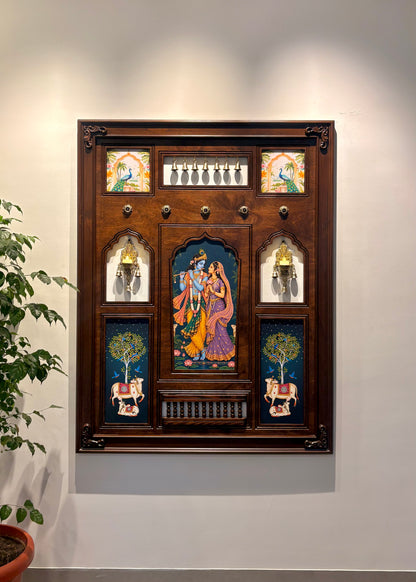 Madhav Milan - Radha Krishna Indian Wall Art Framed in Teakwood with Brass Diyas & Bells