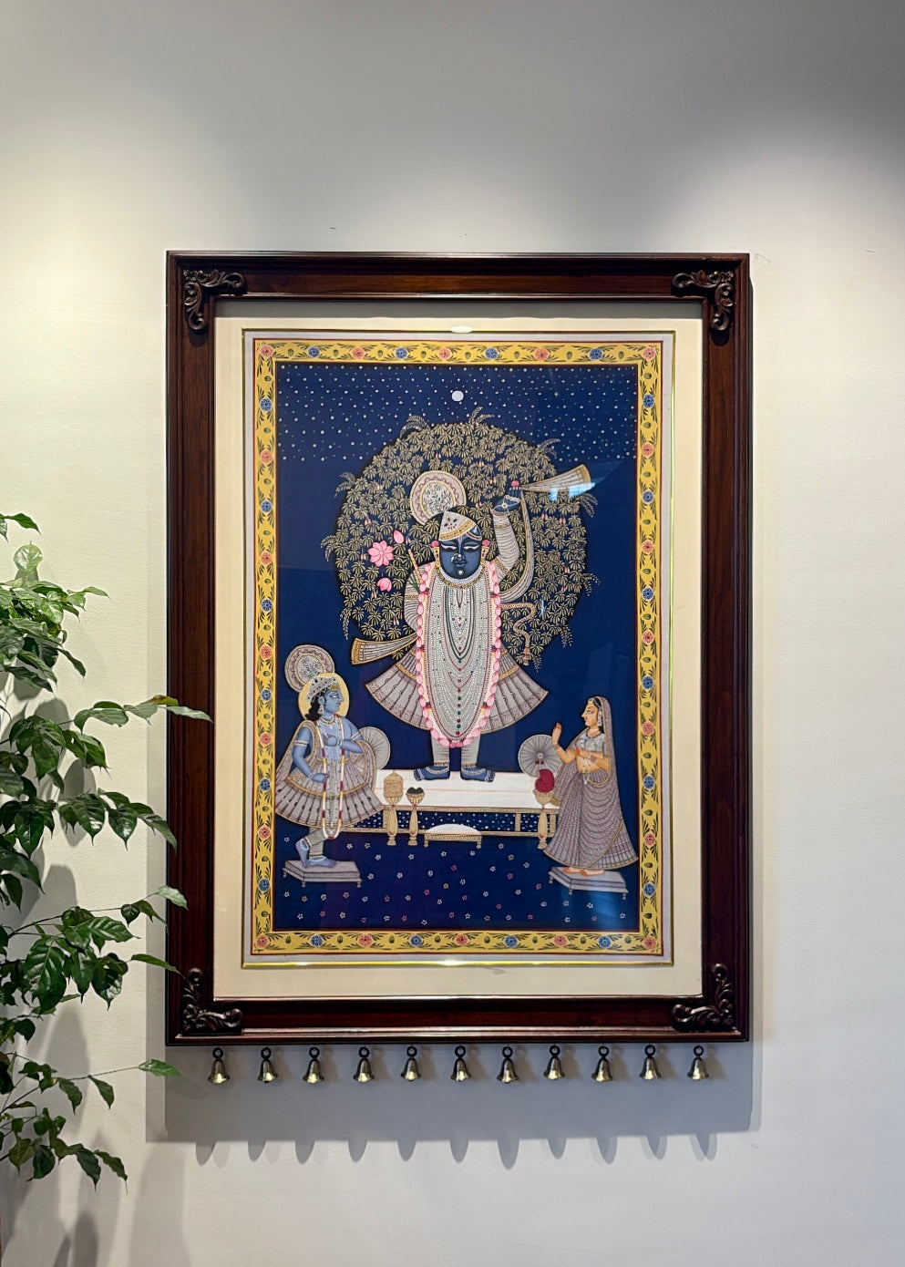 Shrinathji Sharan | Original Hand-Painted Pichwai Teak Wood Wall Frame with Brass Bells