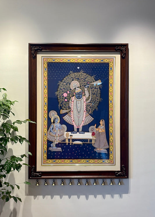 Shrinathji Sharan | Original Hand-Painted Pichwai Teak Wood Wall Frame with Brass Bells