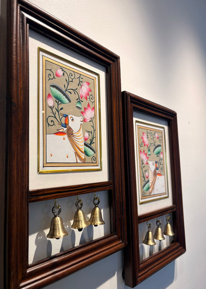 Kamdhenu Krupa | Hand-Painted Pichwai Teak Wood Wall Frame with Brass Bells - Beige