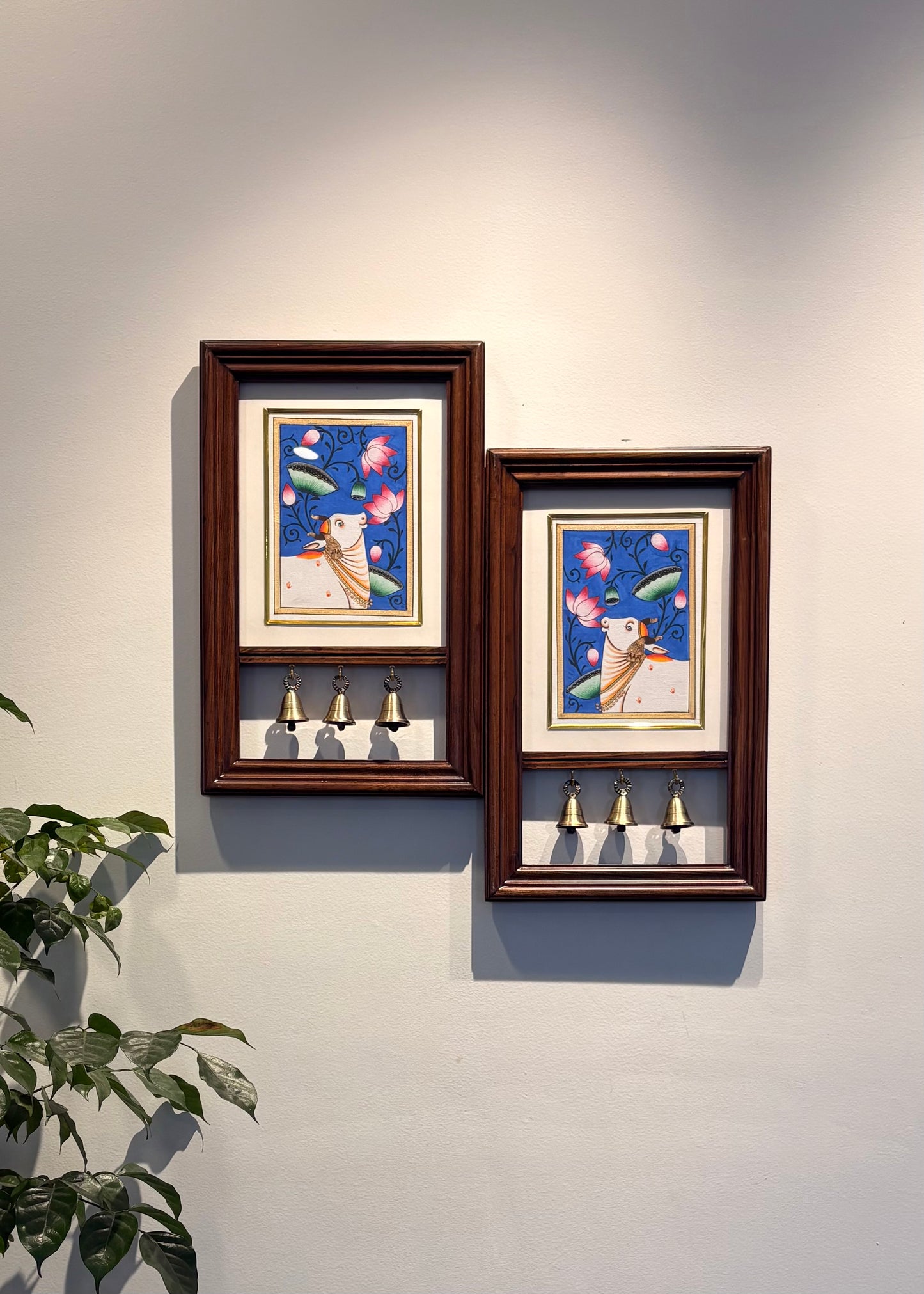 Kamdhenu Krupa | Hand-Painted Pichwai Teak Wood Wall Frame with Brass Bells – Indigo