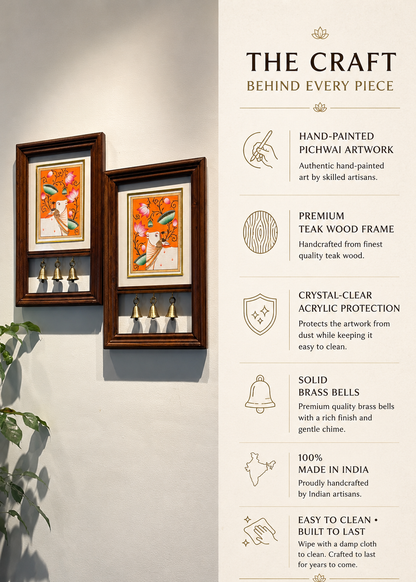 Kamdhenu Krupa | Hand-Painted Pichwai Teak Wood Wall Frame with Brass Bells – Saffron