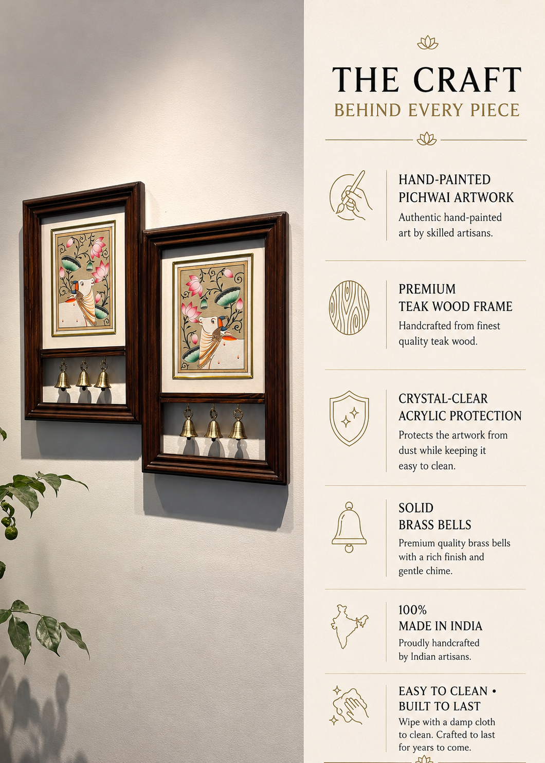 Kamdhenu Krupa | Hand-Painted Pichwai Teak Wood Wall Frame with Brass Bells - Beige