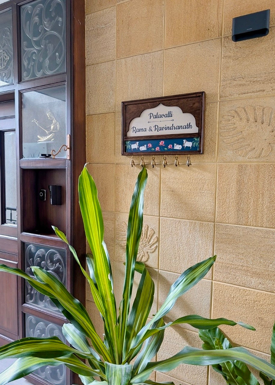 Pichwai Name Plate With Brass Bells - Decor By The Way