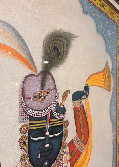 Shrinathji Krupa | Original Hand-Painted Pichwai Teak Wood Wall Frame with Brass Bells