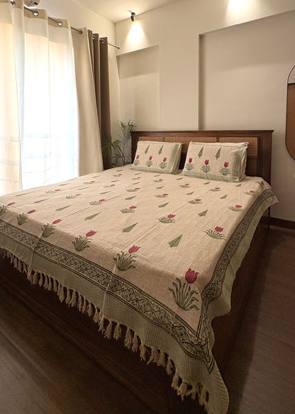 Tulip Hand Block Printed Soft Jute Bedsheet Set - Decor By The Way