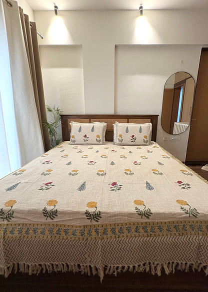 Marigold Hand Block Printed Soft Jute Bedsheet Set - Decor By The Way