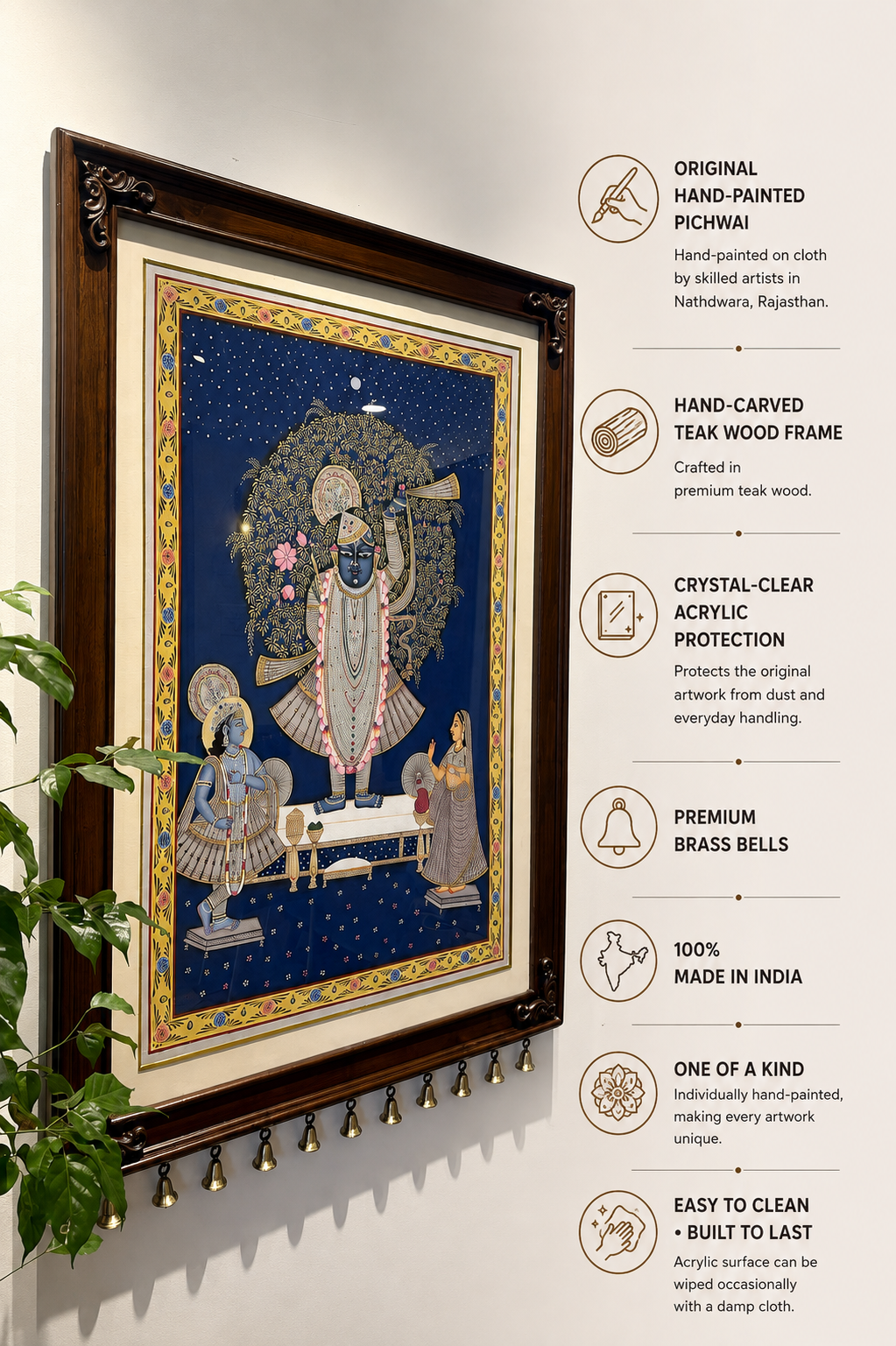 Shrinathji Sharan | Original Hand-Painted Pichwai Teak Wood Wall Frame with Brass Bells