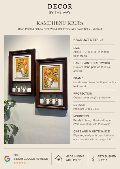 Kamdhenu Krupa | Hand-Painted Pichwai Teak Wood Wall Frame with Brass Bells - Mustard