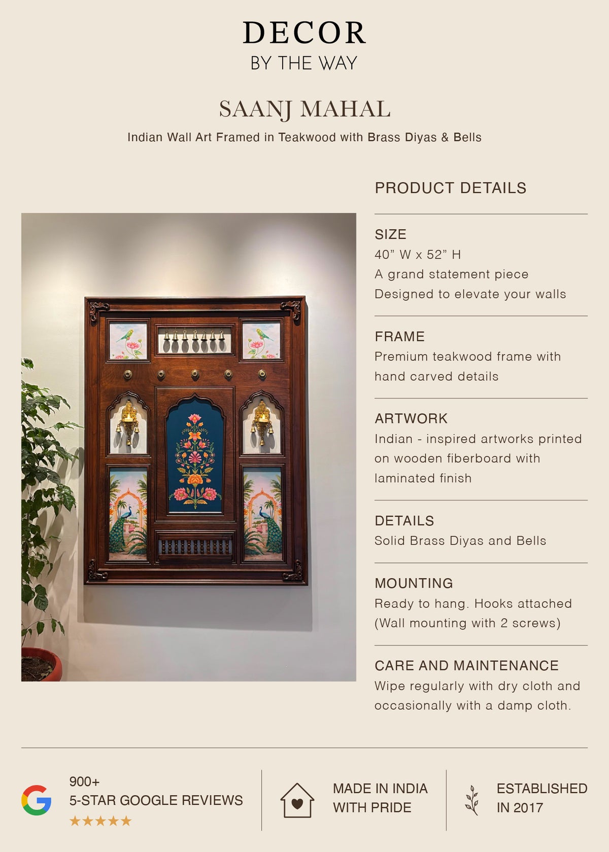 Saanj Mahal - Indian Wall Art Framed in Teakwood with Brass Diyas & Bells - Decor By The Way