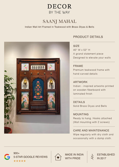 Saanj Mahal - Indian Wall Art Framed in Teakwood with Brass Diyas & Bells - Decor By The Way
