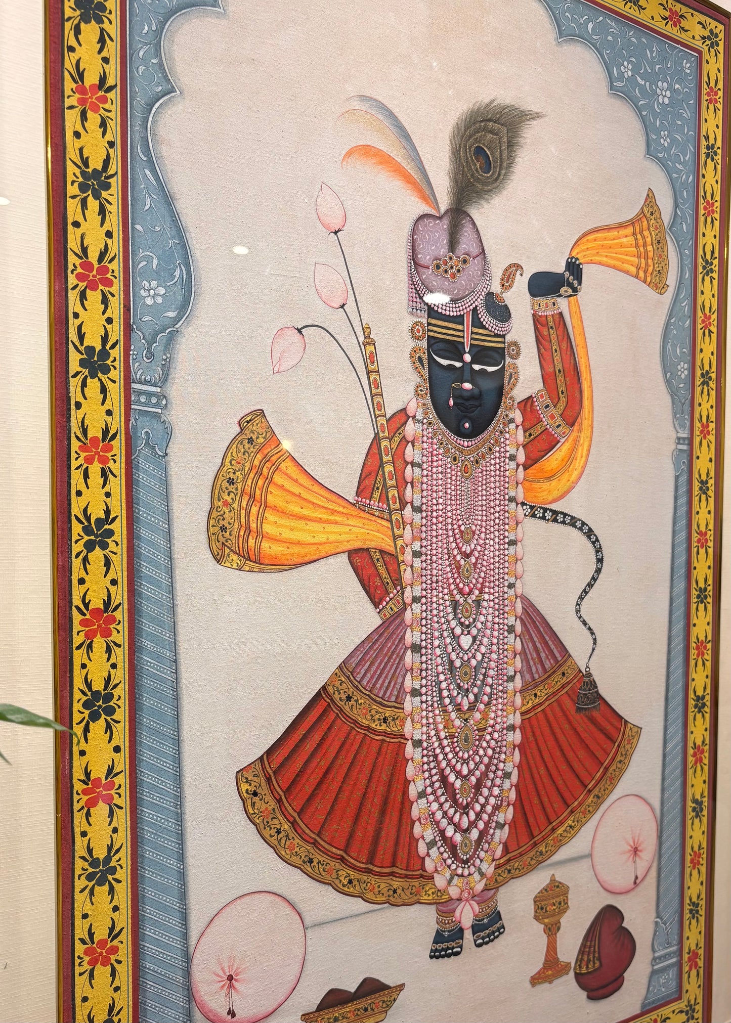 Shrinathji Krupa | Original Hand-Painted Pichwai Teak Wood Wall Frame with Brass Bells