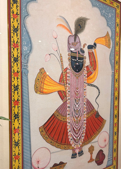 Shrinathji Krupa | Original Hand-Painted Pichwai Teak Wood Wall Frame with Brass Bells