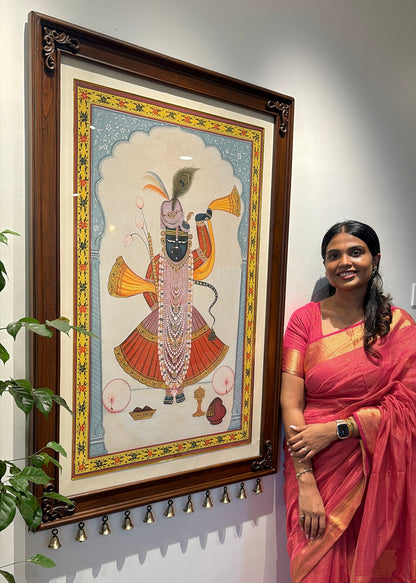 Shrinathji Krupa | Original Hand-Painted Pichwai Teak Wood Wall Frame with Brass Bells