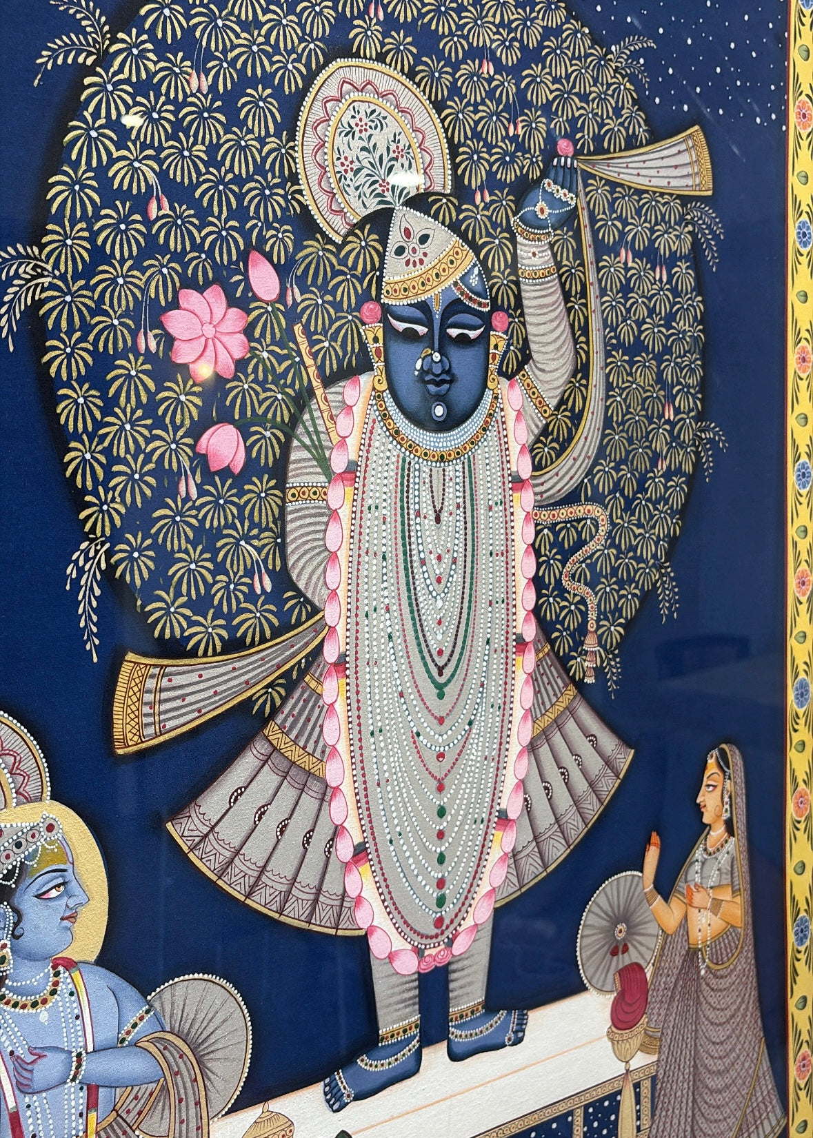Shrinathji Sharan | Original Hand-Painted Pichwai Teak Wood Wall Frame with Brass Bells