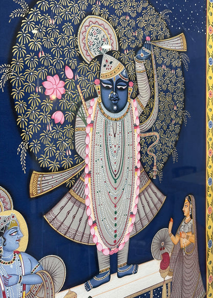 Shrinathji Sharan | Original Hand-Painted Pichwai Teak Wood Wall Frame with Brass Bells