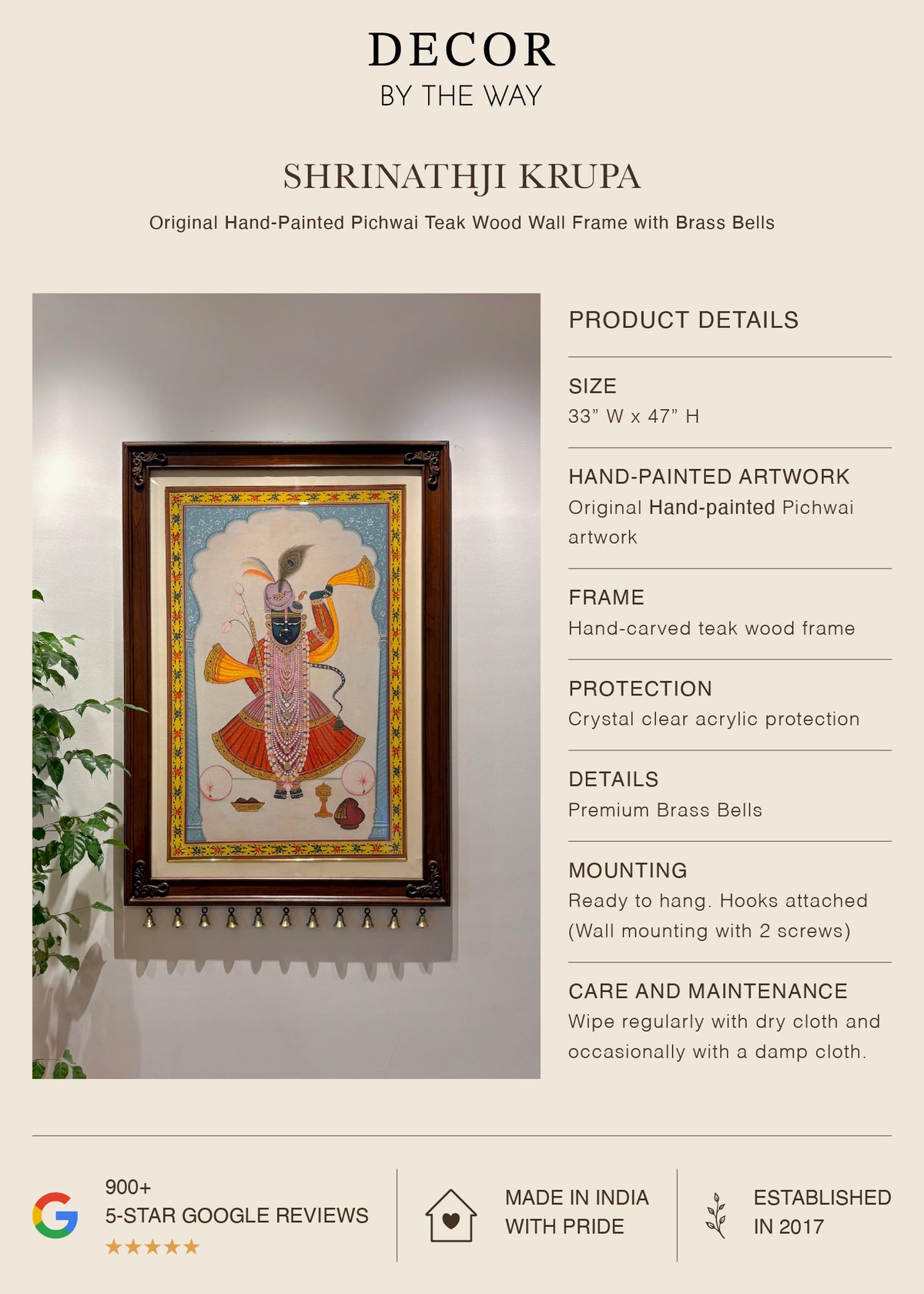 Shrinathji Krupa | Original Hand-Painted Pichwai Teak Wood Wall Frame with Brass Bells - Decor By The Way