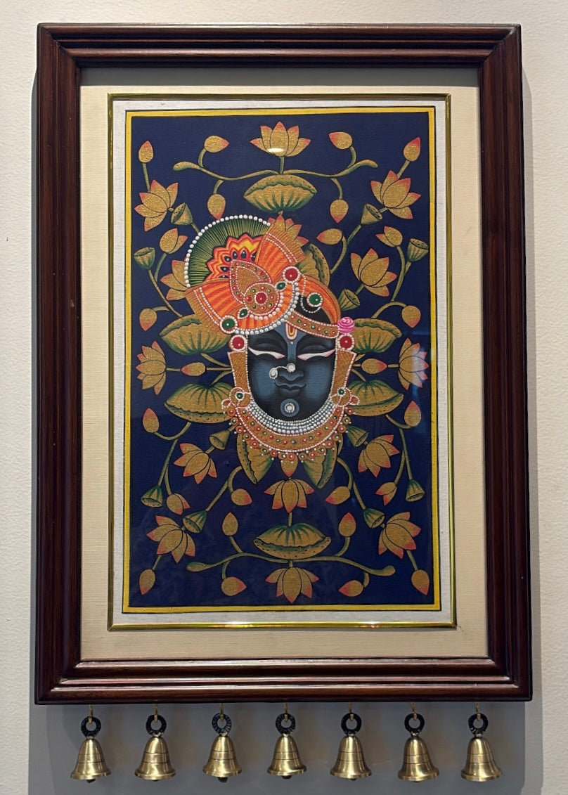 Shrinathji Mukh Darshan | Original Hand-Painted Pichwai Teak wood Wall Frame Set with Brass Bells
