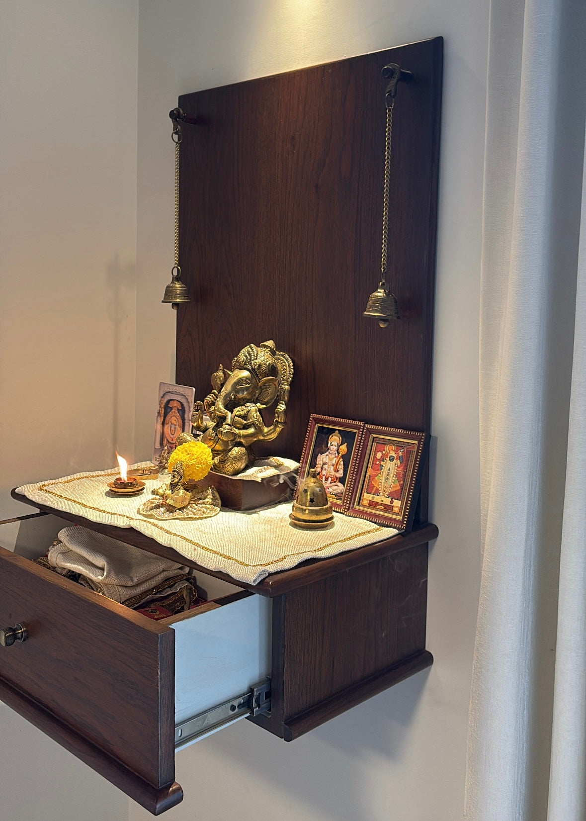 Shubhalaya Mandir – Wall-Mounted Wooden Mandir for Home | Compact & Elegant Pooja Temple with Brass Bells - Decor By The Way