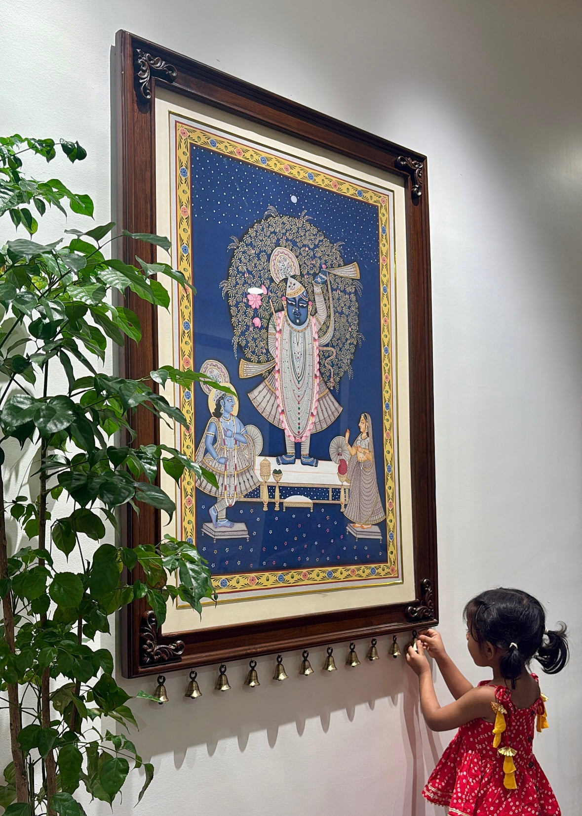 Shrinathji Sharan | Original Hand-Painted Pichwai Teak Wood Wall Frame with Brass Bells