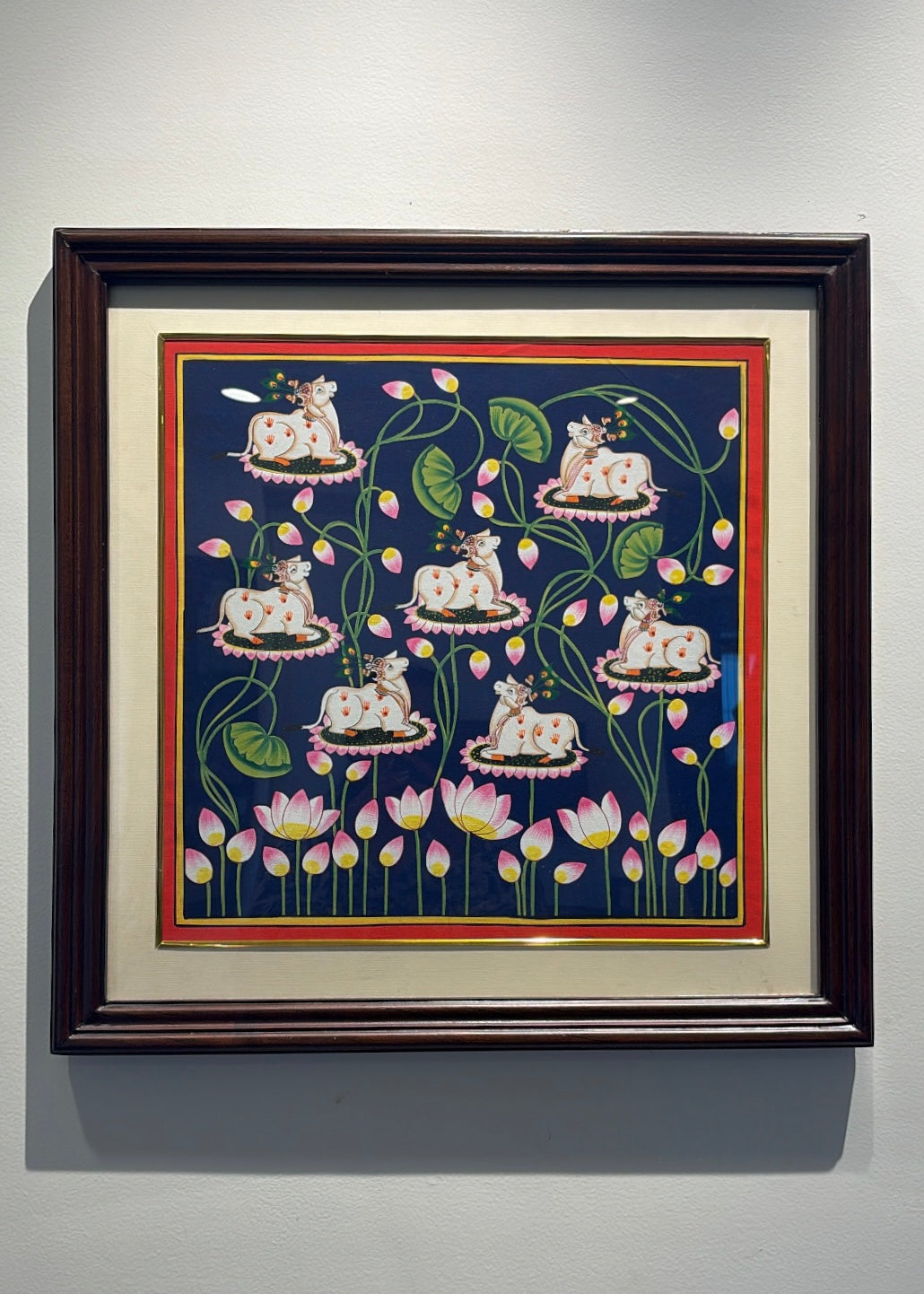 Shrinathji Mukh Darshan | Original Hand-Painted Pichwai Teak wood Wall Frame Set with Brass Bells