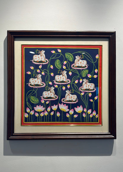Shrinathji Mukh Darshan | Original Hand-Painted Pichwai Teak wood Wall Frame Set with Brass Bells