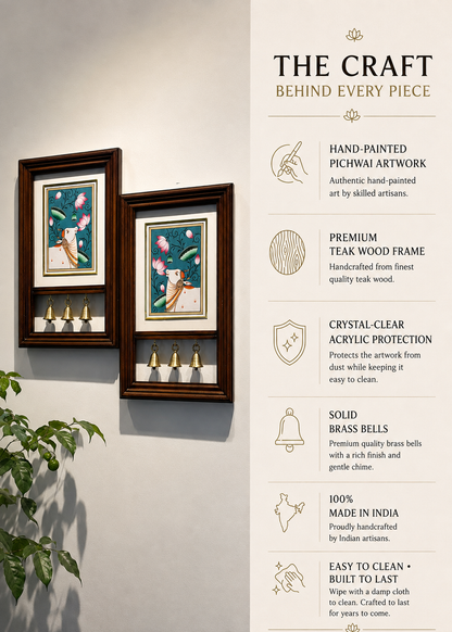Kamdhenu Krupa | Hand-Painted Pichwai Teak Wood Wall Frame with Brass Bells - Teal