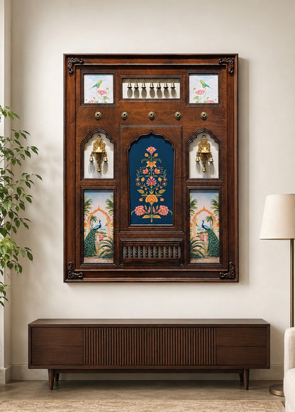 Saanj Mahal - Indian Wall Art Framed in Teakwood with Brass Diyas & Bells - Decor By The Way